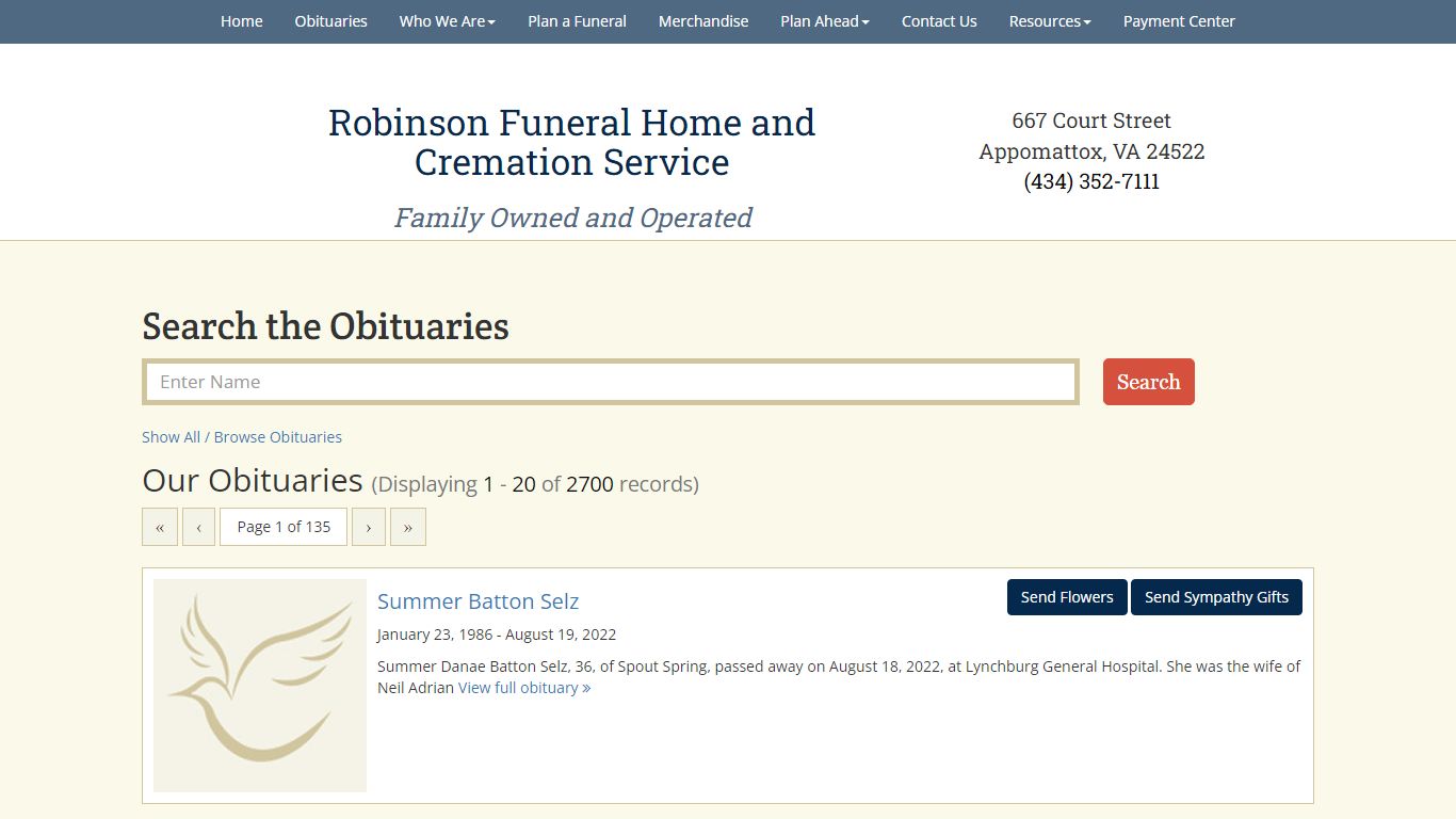 Recent Obituaries | Robinson Funeral Home and Cremation Service